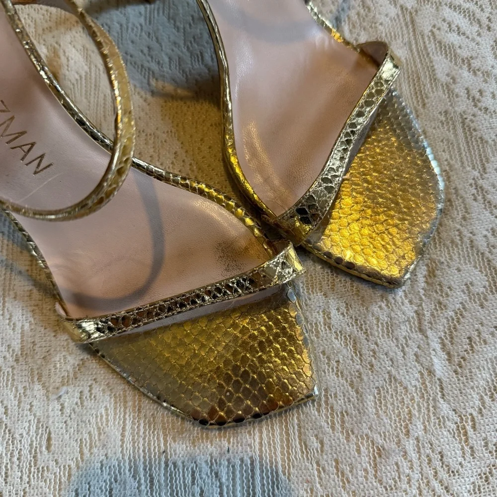 Stuart Weitzman 75 gold leather open toe stiletto pumps - Picture 4 of 10